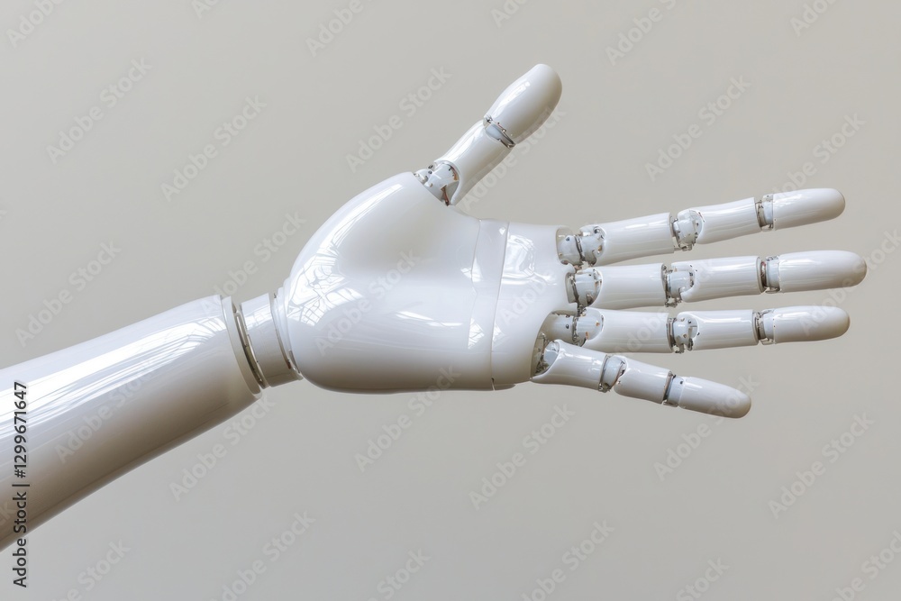 Poster robotic dexterity innovation shiny white bionic artificial hand close up with cybernetic mechanical 