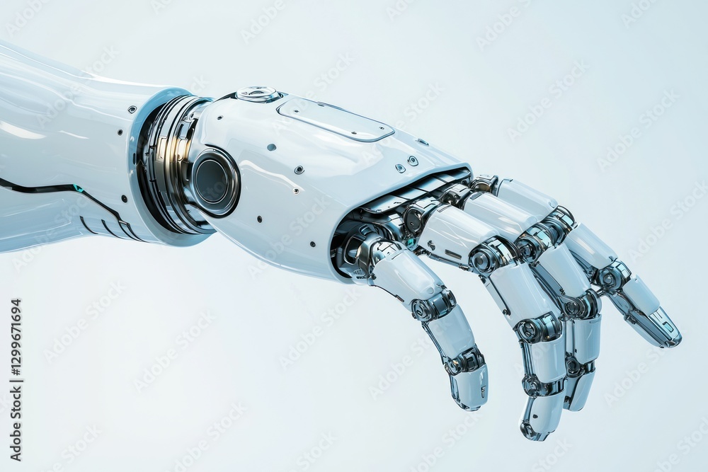 Poster futuristic robotic arm artificial intelligence with complex mechanical details on light background