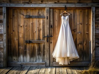 Rustic Barn Wedding Dress Hanging on Door - Bridal Gown Photography