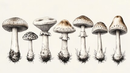 Botanical illustration mushroom variety, study, off-white background, educational