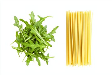 Bunch of fresh arugula and raw spaghetti pasta arranged on a pure white background food styling shot flatlay natural light