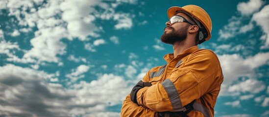 Construction worker looking up at the sky in work gear and safety equipment.