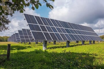 Solar Farm on Sunny Day with Green Grass and Blue Sky Sustainable Energy Landscape for Stock Photo
