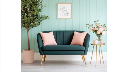 Front view of modern living room featuring green sofa and cozy pink cushions