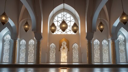 Fototapeta premium Serene Moroccan Mosque Interior with Ornate Pendant Lights for Cultural Designs