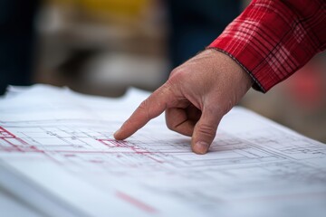 Hand Pointing at Architectural Blueprint on Construction Site