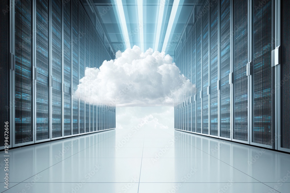 Poster data center with cloud computing concept reflecting modern technology with server room interior