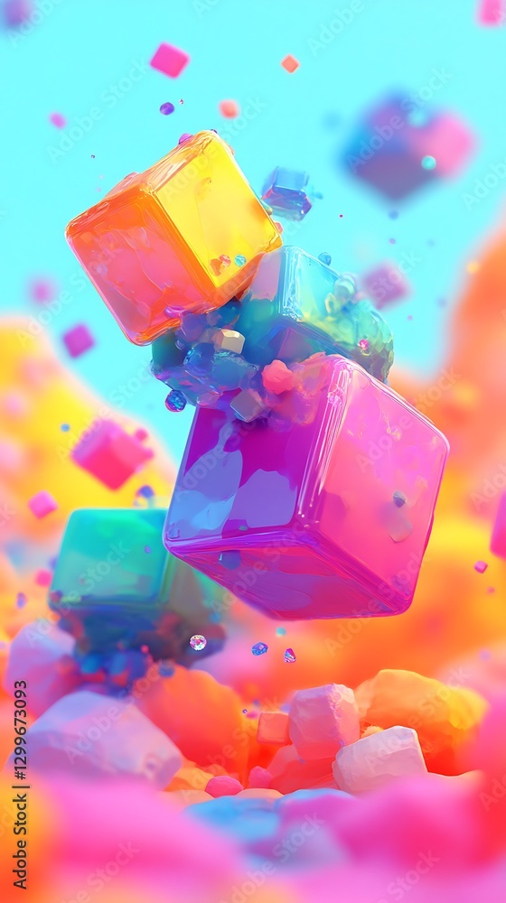 Poster vibrant abstract composition of floating cubes with exuberant color palette