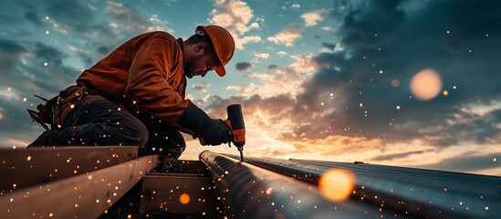 Construction worker using power drill to install roofing with sparkling effects