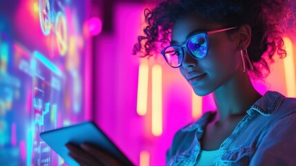 Young professional woman using digital tablet and analyzing holographic futuristic charts in vibrant neon light, concept of fintech, finance, investment and trading