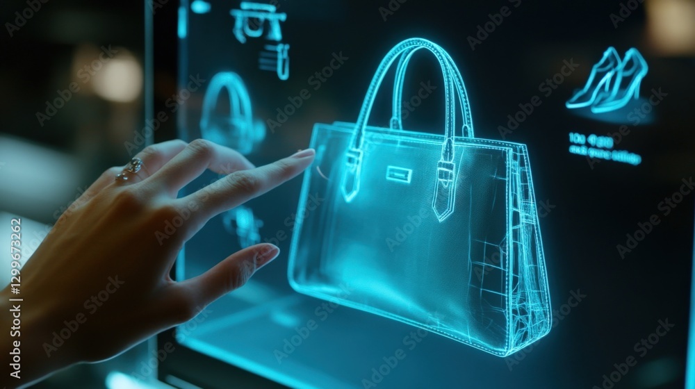 Poster a closeup of a shopper interacting with a holographic display showcasing a 3d model of a handbag. th