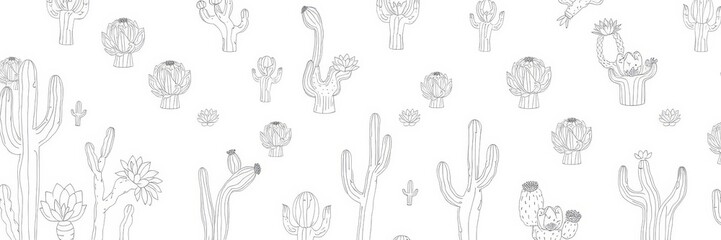 Seamless pattern of hand drawn cactus illustrations in linear vector style, plant, succulent