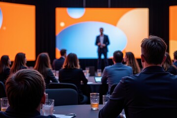 Professional Diverse Group Attends Engaging Technology Conference Presentation with Colorful Backdrop and Focused Audience Participation