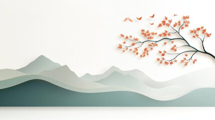 Elegant cherry blossom branch in serene mountain landscape art modern minimalism