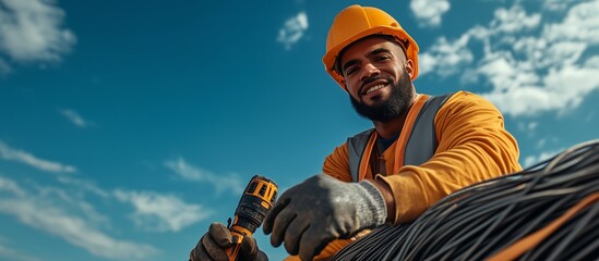 Construction worker with drill under blue sky, wearing hard hat and safety gear