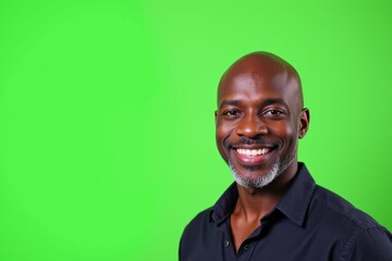 Obraz premium Confident Middle-Aged Black Man Smiling Against a Bright Green Background, Radiating Positivity and Approachability in Professional Setting