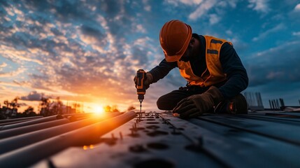 Roofer installing metal roof at sunset, wearing hard hat and safety vest.