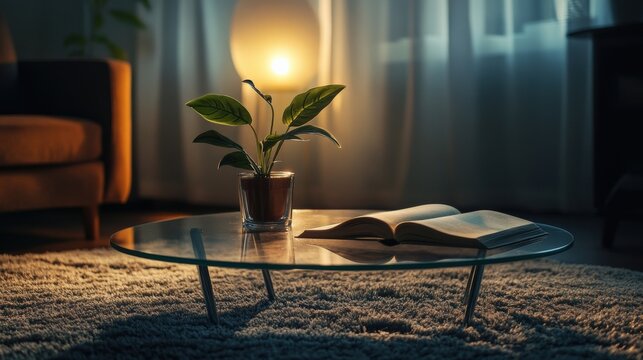 A round glasstop coffee table contrasts with a plush area rug showcasing a cozy reading nook in the home office where a small leafy plant sits on the table next to an open book creating