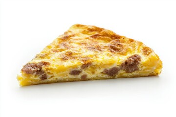 Appetizing slice of Spanish omelet featuring potatoes eggs and sausage beautifully isolated on clean white background