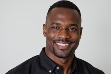 Obraz premium Portrait of a Smiling African American Man in a Black Shirt Against a Neutral Background, Exuding Confidence and Warmth