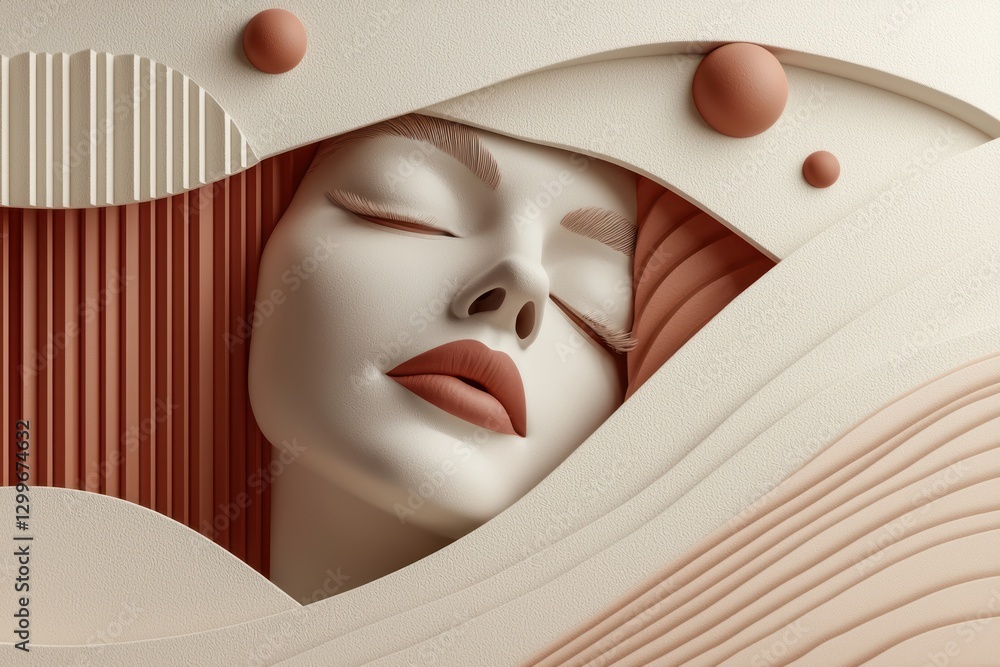 Aufkleber Elegant Surreal Face in Minimalist Composition  Abstract Art Deco Design and Smooth Aesthetic with Warm Neutral Colors