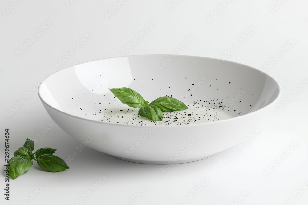 Poster minimalist presentation of white bowl with fresh basil leaves and subtle spice over light creamy bac