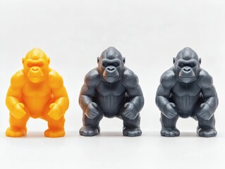 3D Printed Gorilla Toys in Three Colors on White Background