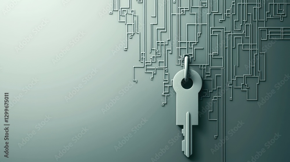 Fototapete Conceptual gray scale rendering of a security key connected to a circuit board network