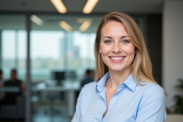 Smiling Young Caucasian Woman in Blue Shirt Posing Confidently in Modern Office Setting with Blurred Colleagues in Background
