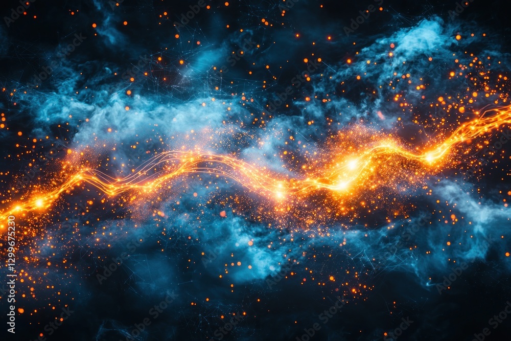 Poster dynamic energy stream blazing path amidst celestial clouds illuminating a futuristic landscape backd