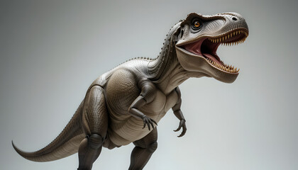 Fototapeta premium Realistic T-Rex dinosaur toy with detailed texture, roaring pose, and dramatic lighting on a neutral background.
