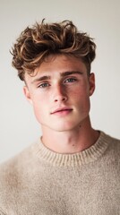 Fototapeta premium Stylish young man taupe cream soft-focus background
