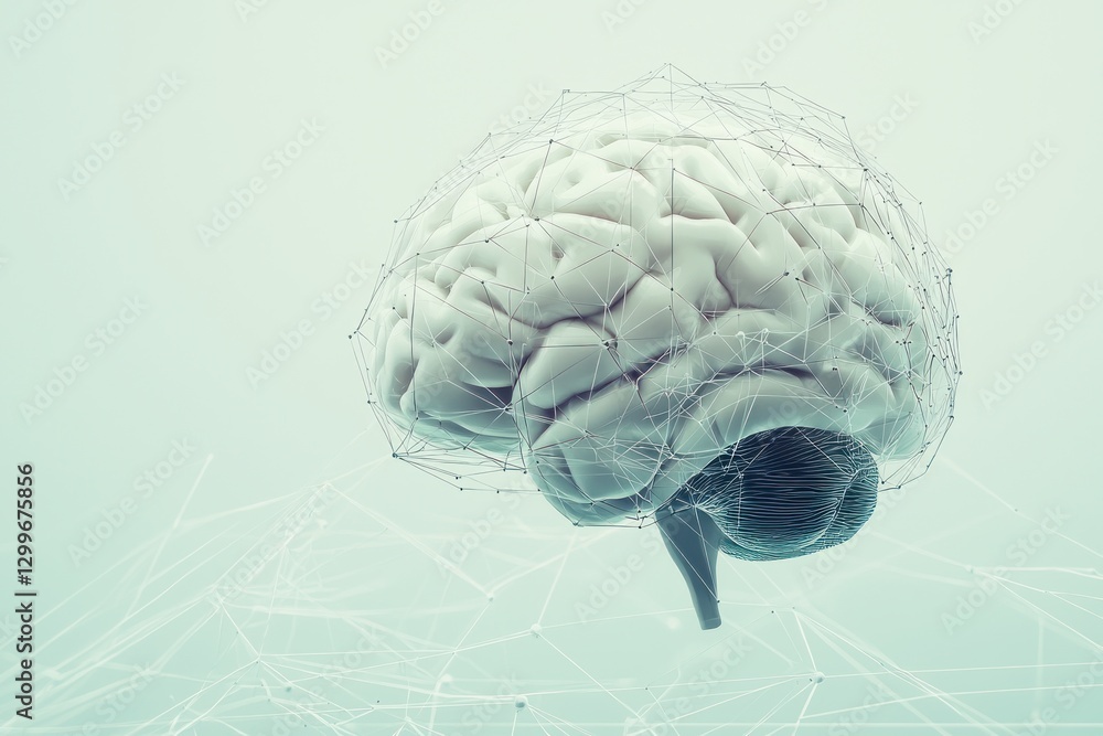 Poster digital human brain model with neural network connection in pale green background medical concept