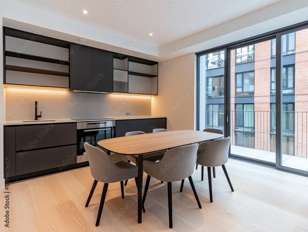 Poster spacious kitchen and dining area merging functionality and style with modern appliances and inviting