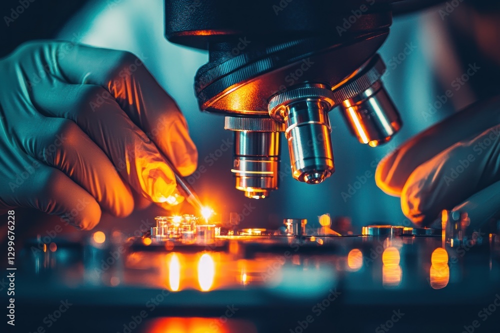 Aufkleber Laboratory research meticulous analysis of microchip development with powerful microscope and gloved hands meticulous science