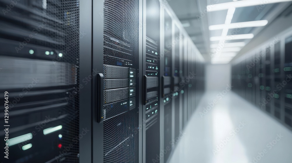 Poster Server room with computers racks data center network database storage system technology