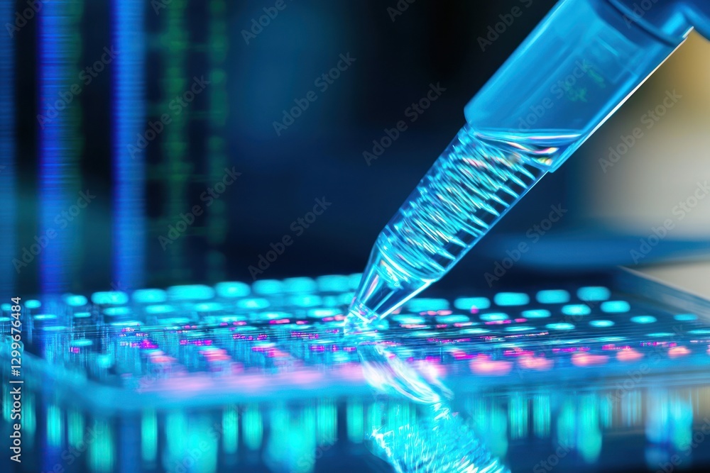 Poster experimental pipette over microplate illuminated in vibrant cyan light ideal research science backgr