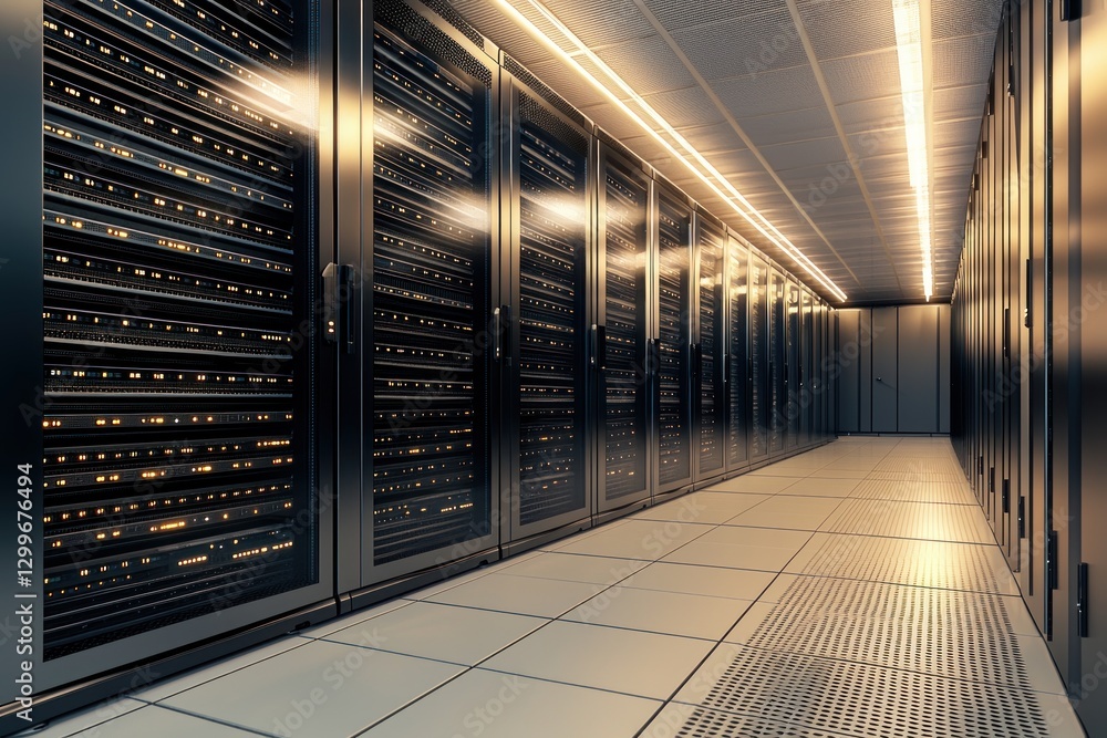 Poster Data center corridor server racks illuminating a clean tile floor with glowing lights realistic