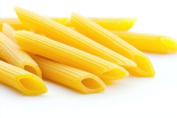 Captivating penne pasta close up shot showcasing al dente texture culinary simplicity on white background for food stock