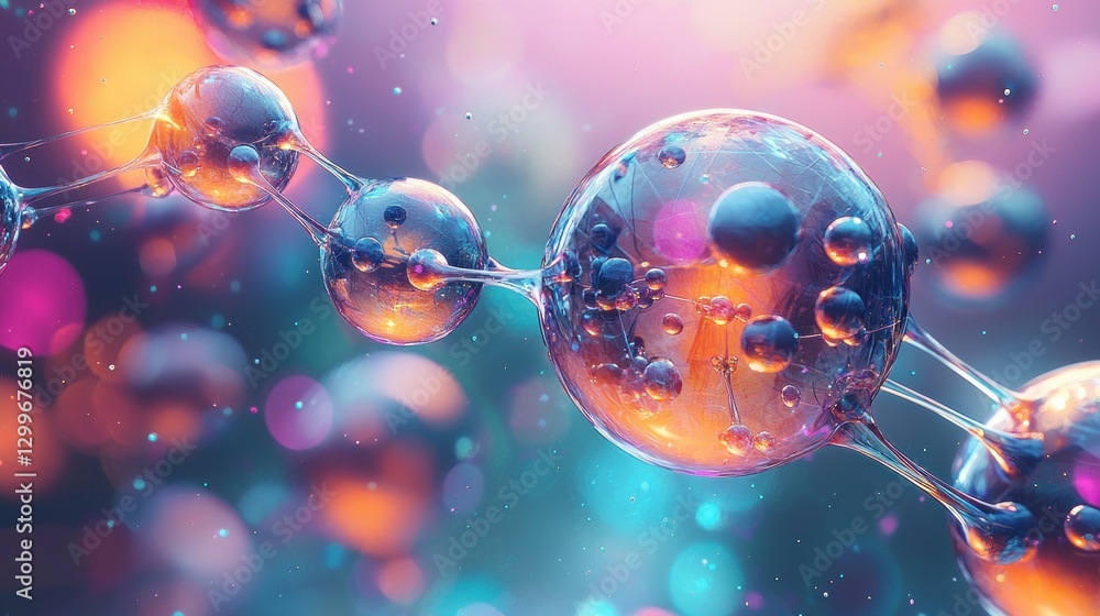 Poster detailed colorful microscopic view of molecular structure with atoms and spheres in a scientific amb