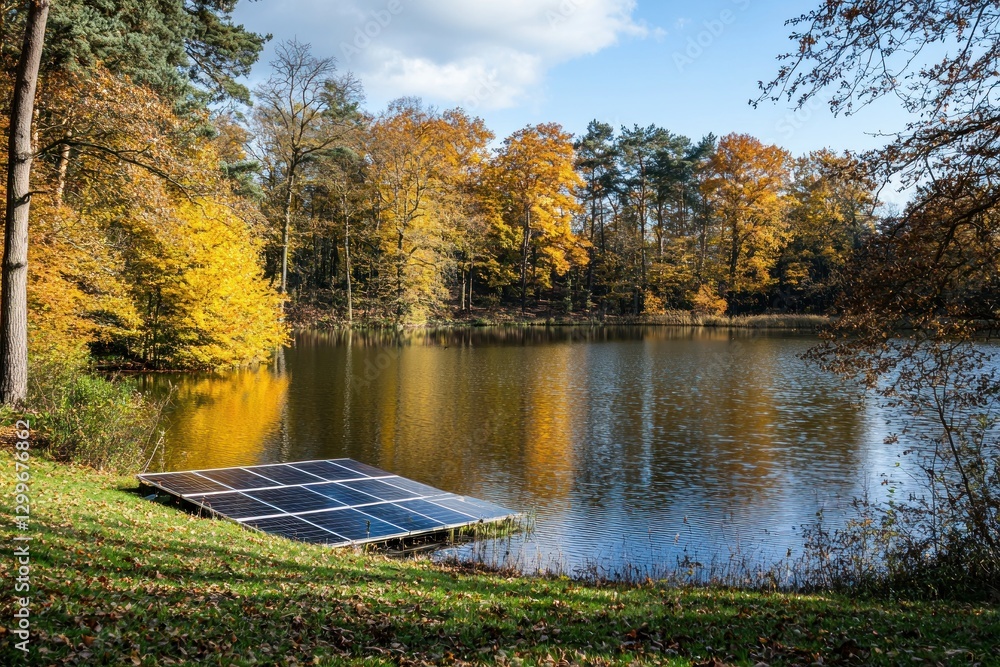 Poster serene lakeside landscape with solar panel array autumn foliage reflecting on calm water surface