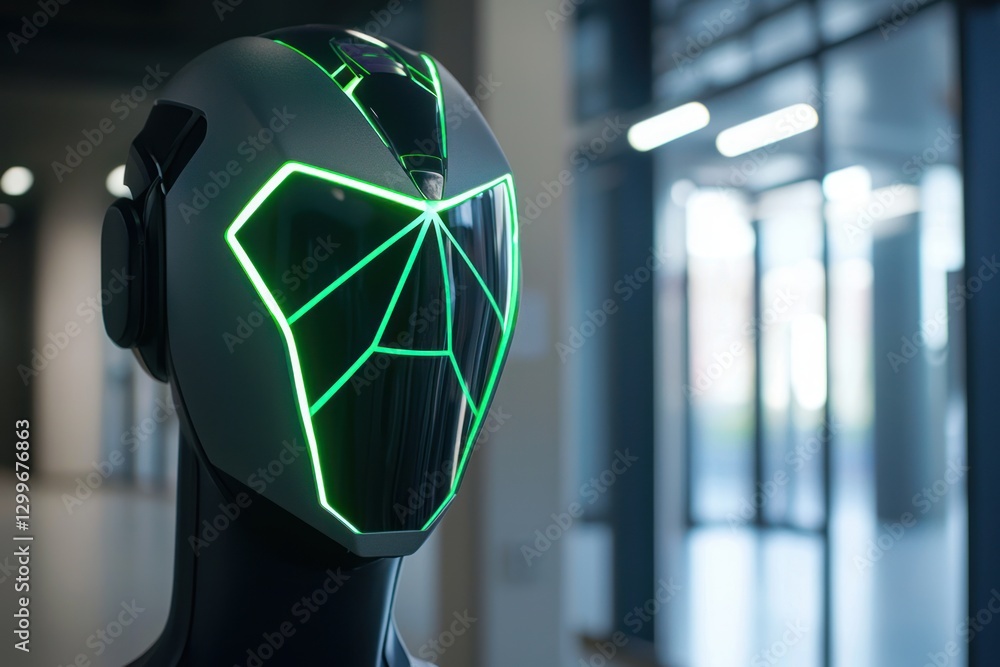 Poster futuristic robot head showcasing modern tech design in illuminated office space neutral studio backd