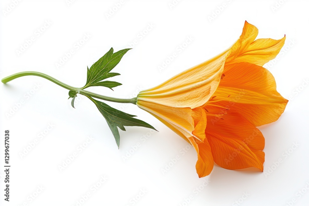 Poster captivating orange lily flower displaying vibrant petals and green stem on clean white backdrop simp