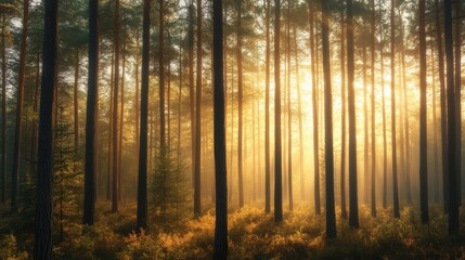 Fototapeta premium A dense pine forest covered in morning mist, with soft golden sunlight filtering through the tall trees.