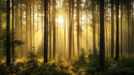 Obraz premium A dense pine forest covered in morning mist, with soft golden sunlight filtering through the tall trees.