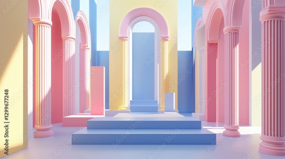 Poster serene pastel architecture corridor with classical columns and arches creating a peaceful geometric 