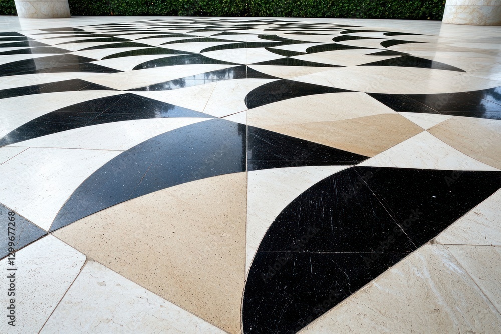 Poster detailed shot showcasing intricate black beige and white marble tile pattern floor with curvilinear 