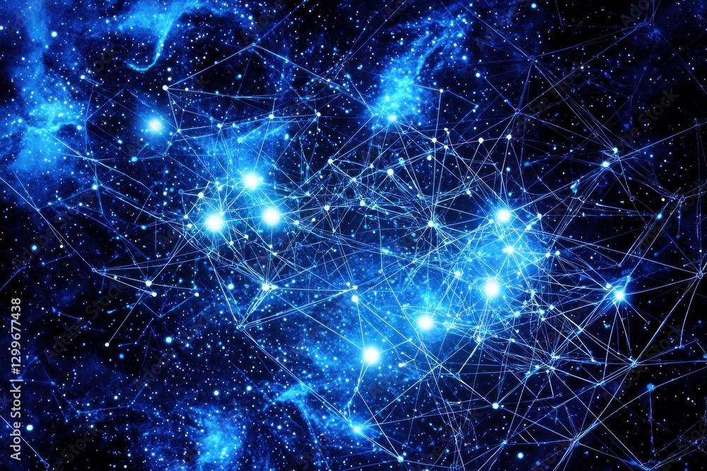 Poster Abstract blue network in the space luminous nodes and glowing lines cosmic background connecting data future technology internet concept