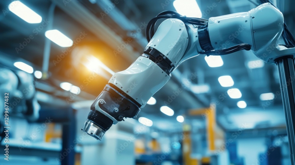 Poster robotic arm in industrial setting with high tech machinery and digital integration solution