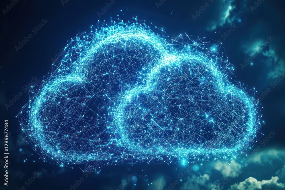 Fototapete Abstract glowing network cloud computing structure with interconnected nodes on blue cloudscape background